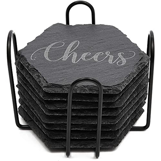 Picture of BLACK SLATE STONE COASTERS SET IN HEXAGO