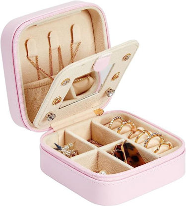 Picture of PINK LEATHER JEWELRY TRAVEL CASE W/ MIRROR