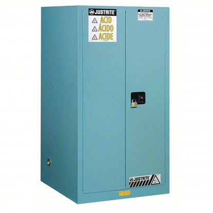 Picture of CORROSIVES SAFETY CABINET- STD- 90 GAL- 0 DRUM CAPACITY- 43 IN X 34 IN X 65 IN- BLUE- SELF-CLOSING