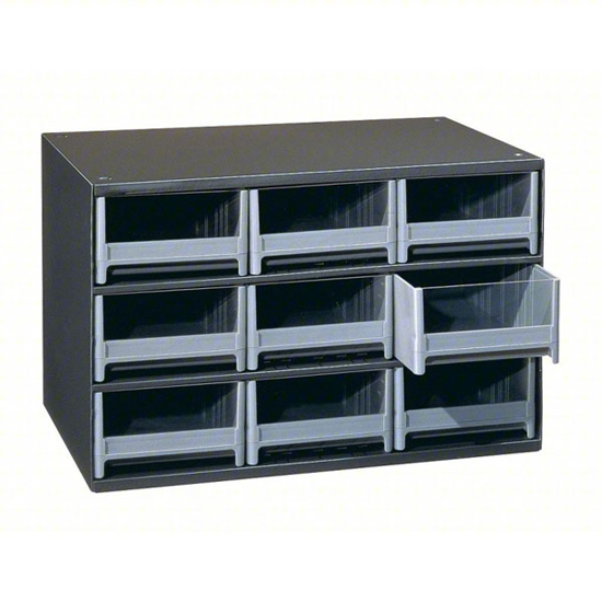 Picture of AKRO-MILS DRAWER BIN CABINET- 17 IN X 11 IN X 11 IN- 9 DRAWERS- STACKABLE- STEEL- 18 DIVIDERS- GRAY