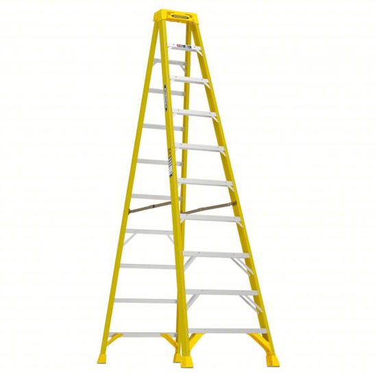 Picture of WERNER STEPLADDER- 10 FT LADDER HT- 9 STEPS- 375 LB- 66 IN BASE SPREAD- 30 IN BOTTOM WD- FIBERGLASS