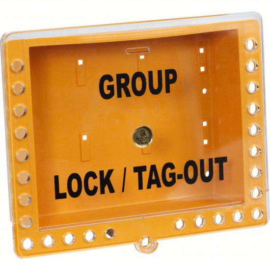 Picture of CONDOR GROUP LOCKOUT BOX- PLASTIC- YELLOW- 10.5 IN X 12.75 IN 3.25 IN- WALL- SLIDING- 27 PADLOCKS