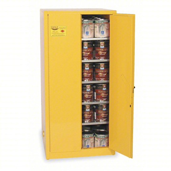Picture of FLAMMABLES SAFETY CABINET- STD- 96 GAL- 0 DRUM CAPACITY- 34 IN X 34 IN X 65 IN- YELLOW- MANUAL CLOSE