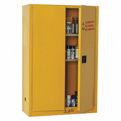 Picture of FLAMMABLES SAFETY CABINET- STD- 45 GAL- 0 DRUM CAPACITY- 43 IN X 18 IN X 66 1/2 IN- YELLOW